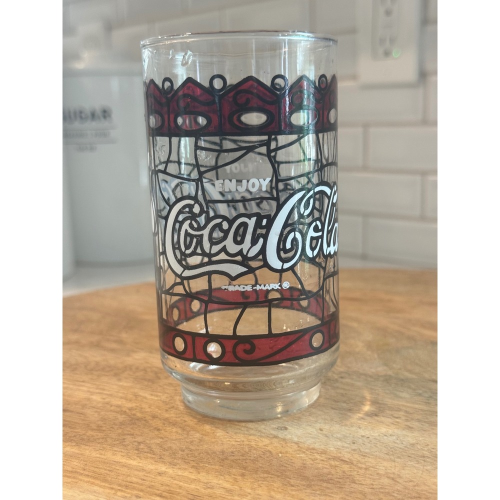 Vintage Coca-Cola Stained Glass Tiffany Style Tumbler Red White Black Logo Cup